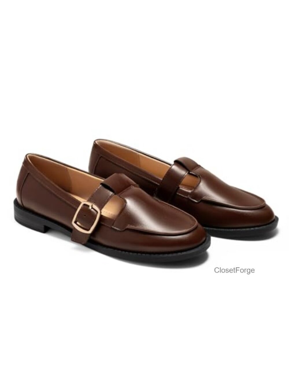 Faux Leather T-Strap Slip On Loafers Women's Closed Round Toe Flat Work Shoes